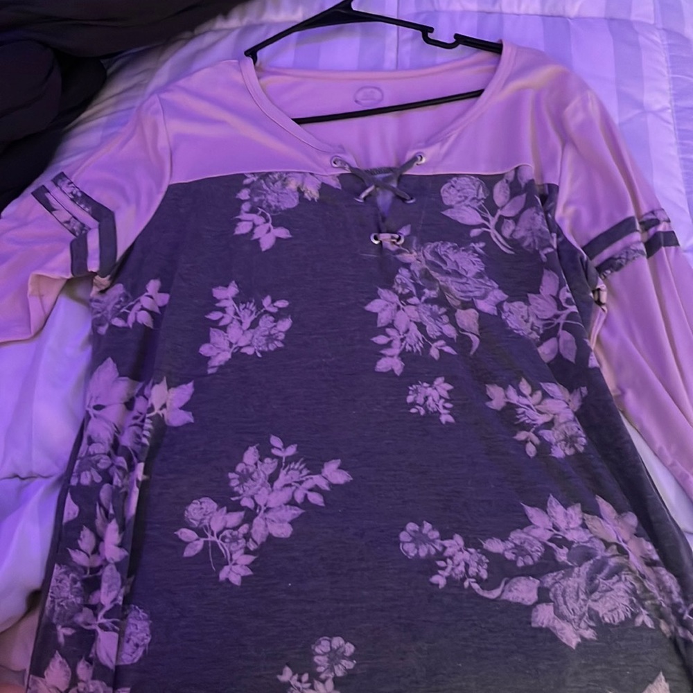 Floral pink and gray long sleeve with crisscross cleavage